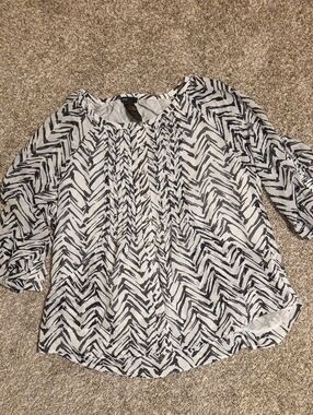 Grace Elements Black White Printed Pintuck Button Front Blouse XXL Pocketed